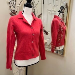 Wool fire engine red orange cropped v neck cardigan shell buttons size small